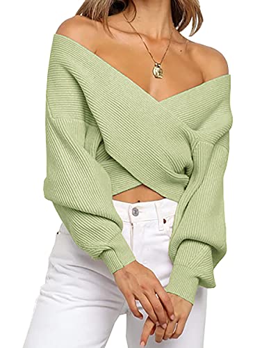 BTFBM Women Casual V Neck Long Sleeve Sweaters Cross Wrap Front Off Shoulder Asymmetric Hem Knitted Crop Solid Pullover(Solid Light Green, X-Large)
