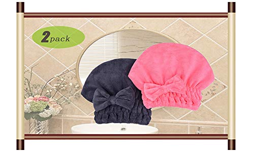 Microfiber Hair Drying Towel Head Wrap Shower Cap Hair Turban w/Bow Knot, 2 Pack
