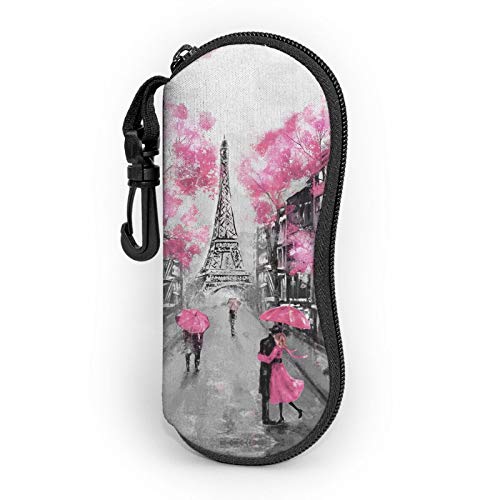 Art Paris Love Eiffel Tower Pink Floral Sunglasses Case Zipper Portable Glasses Case Box Soft with Belt Clip for Women Children