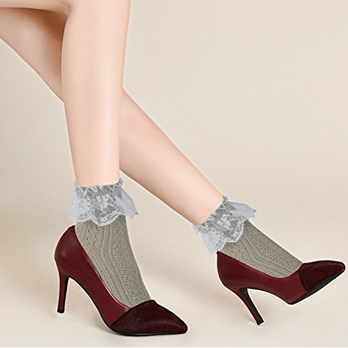 Short Bobby Dress Socks Women, Funcat Girls Ladies Vintage Ruffle Cuff Ankle Boots Socks with Lace Trim 5 Pairs