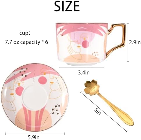 ICHAG Cups and Saucers Set of 6, Coffee Mugs, Tea Cups Set with Bowknot, Tea Set, 18-piece, Cup with 8.4oz, Golden Spoon, For Tea Party, Christmas Gifts, Gifts for Home Office