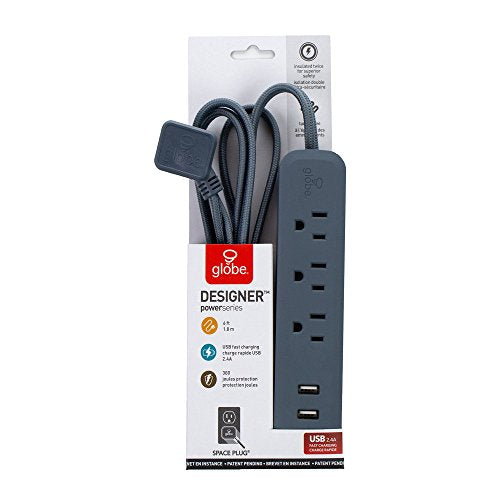 Globe Electric Designer Series 6-ft 3-Outlet USB Surge Protector Power Strip, 2x USB Ports, Right Angle Plug, Adriatic Rubberized Finish 78392