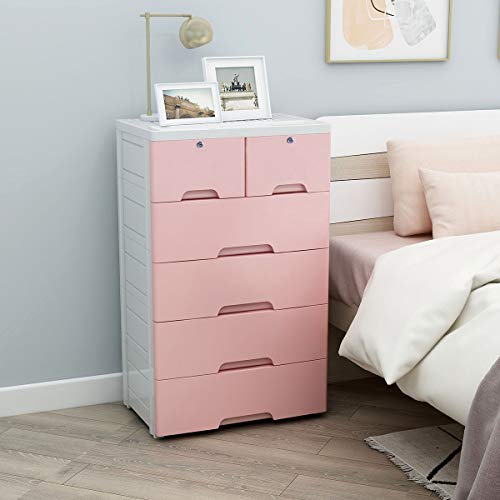 Nafenai Plastic Drawers Dresser,Storage Cabinet with 6 Drawers,Closet Drawers Tall Dresser Organizer for Clothes,Playroom,Bedroom Furniture, Pink