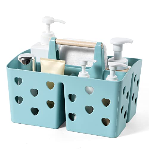 Anyoifax Portable Shower Caddy Cleaning caddy Plastic Basket with Wood Handle Divided Shower Tote Storage Organizer for Bathroom, College Dorm, Kitchen, Bedroom - Blue
