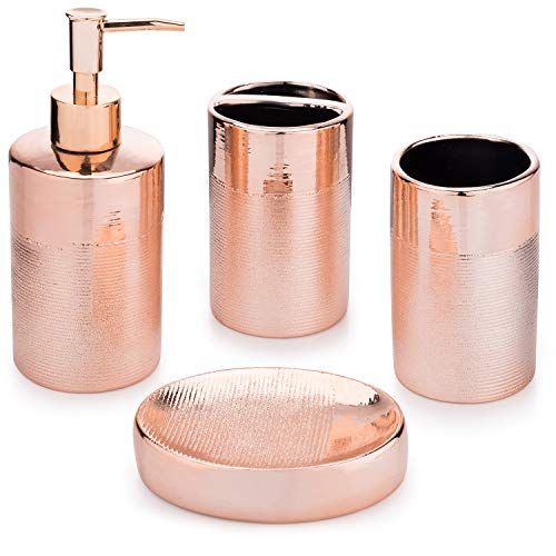 MyGift 4-Piece Rose Gold Modern Textured Ceramic Bathroom Set with Soap Dish, Pump Dispenser, Toothbrush Holder & Tumbler