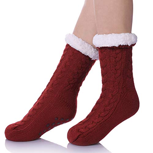 SDBING Women's Winter Super Soft Warm Cozy Fuzzy Fleece-Lined with Grippers Slipper Socks (Wine Red)