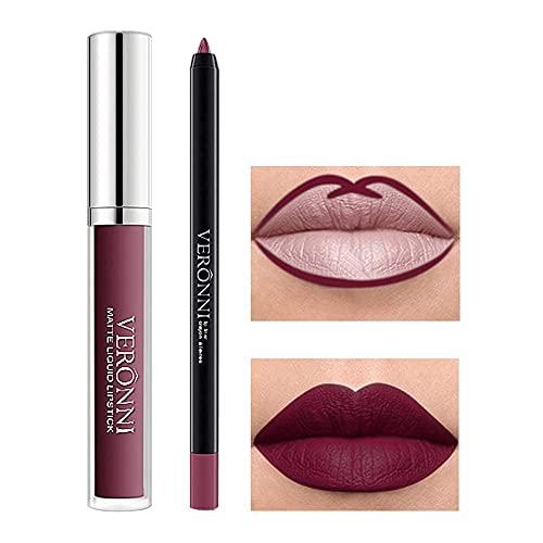 VERONNI Matte Liquid Lipstick with Lip Liner Lip Contour kit Waterproof Long Lasting Lip Gloss with 13 Colors Nonstick Cup Lip Stick Set (#09)