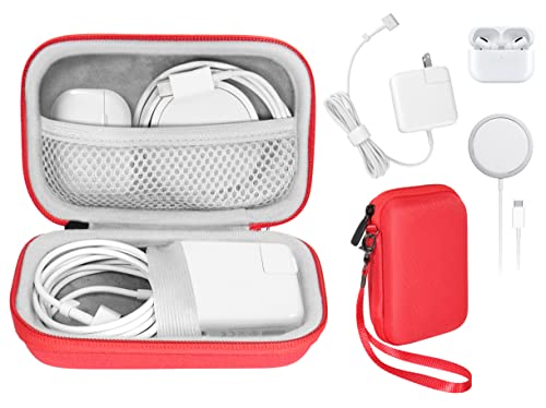 Handy Case for MacBook Pro, Air Power Adapter, MagSafe, MagSafe2, iPhone 12/12 Pro MagSafe Charger, USB C Hub, Type C Hub, USB Multi Ports Type c hub, Detachable Wrist Strap, mesh Pocket (Red)