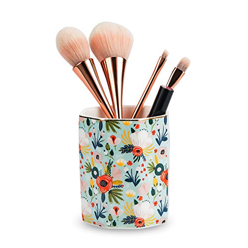 Ceramic Desk Organizer, Pencil Cup, Pen Holder, Makeup Brush Holder for Office, Classroom, Bathroom - Mint Flowers