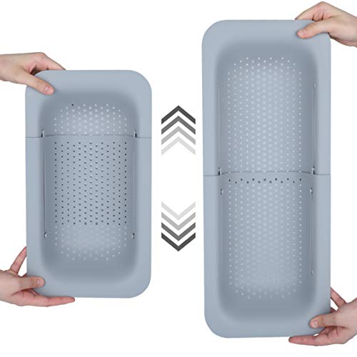 BLUE GINKGO Over the Sink Colander Strainer Basket - Wash Vegetables and Fruits, Drain Cooked Pasta and Dry Dishes - Extendable - New Home Kitchen Essentials (7.9 W x 14.5-19.5 L x 2.75 H) - Gray