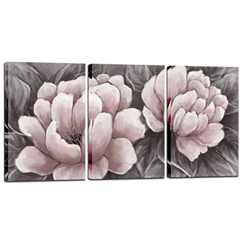 Biuteawal Flower Canvas Wall Art Abstract Pink and Gray Wall Artworks Elegant Floral Painting Still Life Pictures for Home Living Room Bedroom Decoration Ready to Hang 16x24inx3panels