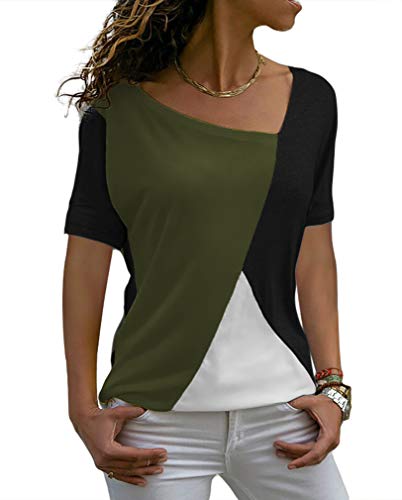 Sarin Mathews Womens Shirts Casual Tee Shirts Short Sleeve Patchwork Color Block Loose Fits Tunic Tops Blouses Black+ArmyGreen 2XL