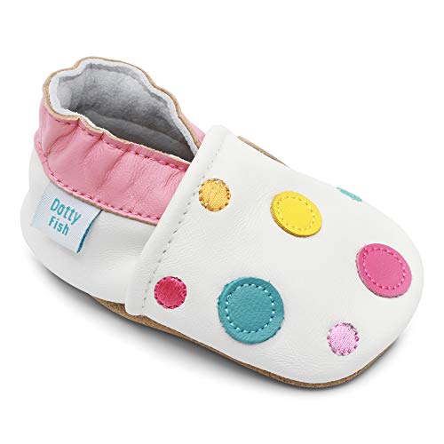 Dotty Fish Soft Leather Infant Shoes Girls pre-Walkers. White with Multicoloured Dots. 0-6 Months