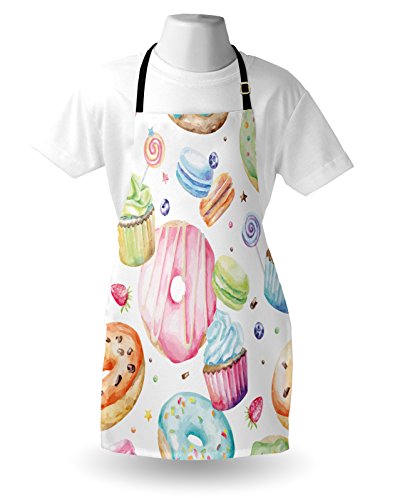 Lunarable Sweets Apron, Delicious Macaron Cupcakes Donuts Muffins Sugar Tasty Yummy Watercolor Design Print, Unisex Kitchen Bib with Adjustable Neck for Cooking Gardening, Adult Size, Green Pink