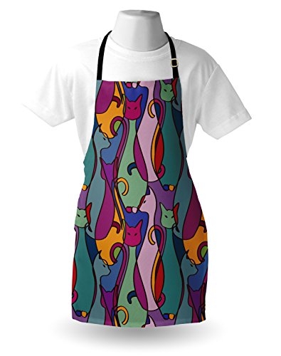 Lunarable Cat Apron, Colorful Kittens Domestic Contour Geometric Design, Unisex Kitchen Bib with Adjustable Neck for Cooking Gardening, Adult Size, Pink Magenta