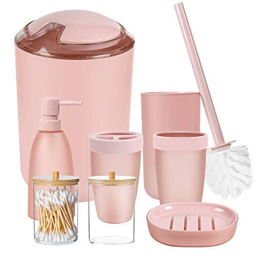 iMucci Pink 8pcs Bathroom Accessories Set - with Trash Can Toothbrush Holder Soap Dispenser Soap and Lotion Set Tumbler