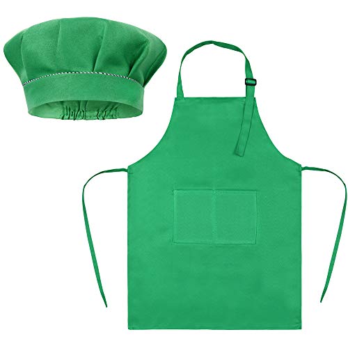 SUNLAND Kids Apron and Hat Set Children Chef Apron for Cooking Baking Painting (Green, S)
