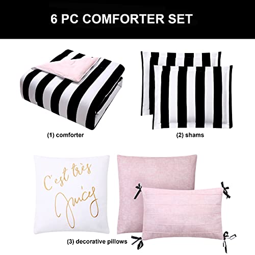 Black, White & Pink Cabana Stripe Reversible Comforter 6-Piece Bedding Set  (3 sizes)