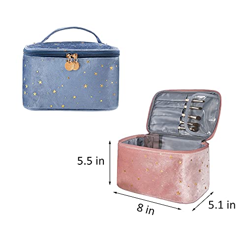 HOYOFO Velvet Makeup Bag with Handle Cosmetic Bags with Makeup Brush Holder Travel Make up Bag for Women, A Blue
