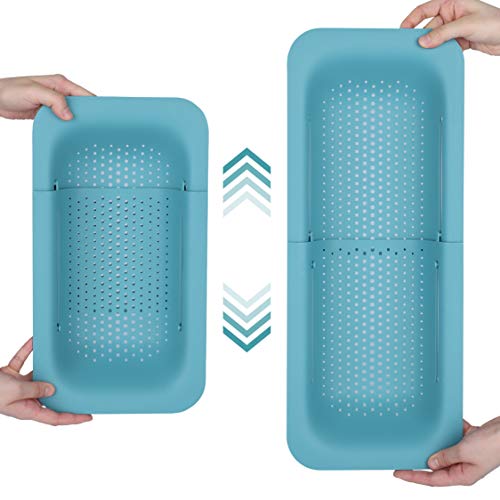 BLUE GINKGO Over the Sink Colander Strainer Basket - Wash Vegetables and Fruits, Drain Cooked Pasta and Dry Dishes - Extendable - New Home Kitchen Essentials (7.9 W x 14.5-19.5 L x 2.75 H) - Teal