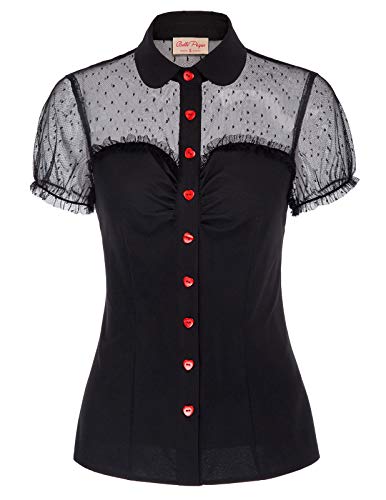 Women's Retro Vintage Short Sleeve Lapel Collar Heart Button Shirts Blouse Black Size S BP574-1