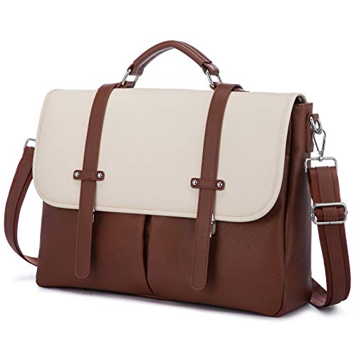 Laptop Bag for Women 15.6 Inch Leather Computer Bag Waterproof Briefcase Messenger Bag for Work College, Brown-Beige