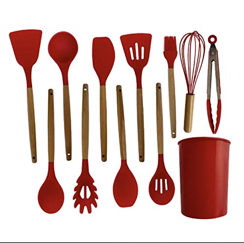 Kitchen Cooking Utensils Set 12 Pieces Silicone Wooden Handle High Heat Resistance Premium Silicone Kitchen Gadgets Spatula Set with Holder BPA Free (RED)