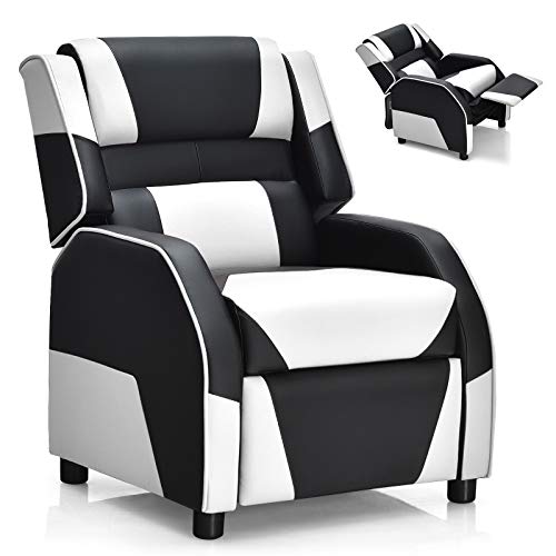 Costzon Kids Recliner, Gaming Recliner Chair w/Footrest, Headrest & Lumbar Support, Ergonomic Leather Lounge Chair for Living & Gaming Room, Adjustable Racing Style Sofa for Children Boys Girls, White