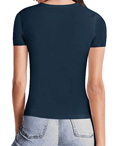 MANGOPOP Womens Short Sleeve/Long Sleeve Square Neck T Shirts Tops Tees (Short Sleeve Navy Blue, Medium)