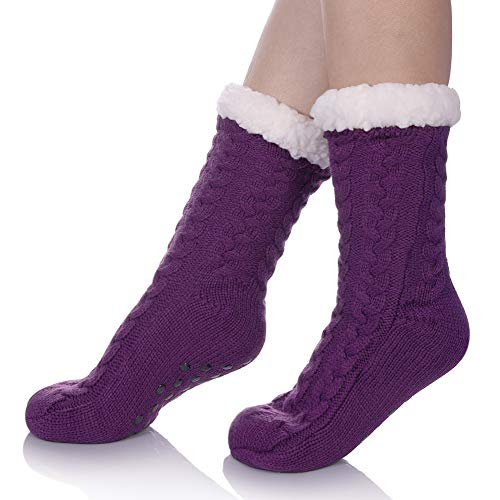 SDBING Women's Winter Super Soft Warm Cozy Fuzzy Fleece-Lined with Grippers Slipper Socks (Purple)