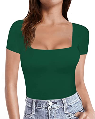 MANGOPOP Womens Short Sleeve/Long Sleeve Square Neck T Shirts Tops Tees (Short Sleeve Dark Green, Medium)