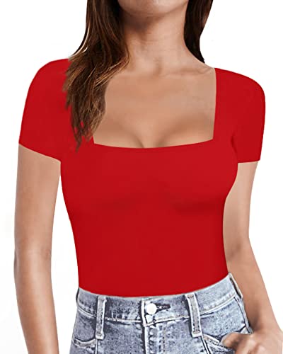 MANGOPOP Womens Short Sleeve/Long Sleeve Square Neck T Shirts Tops Tees (Short Sleeve Redd, Medium)