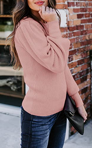 Huiyuzhi Women's Puff Sleeve Pullover Crew Neck Soft Slim Fit Solid Color Knitted Jumper Sweater, Pink, Medium