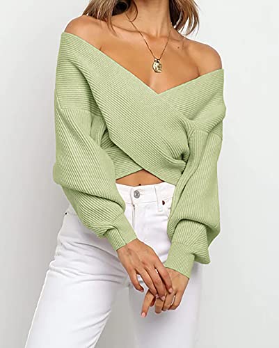 BTFBM Women Casual V Neck Long Sleeve Sweaters Cross Wrap Front Off Shoulder Asymmetric Hem Knitted Crop Solid Pullover(Solid Light Green, X-Large)