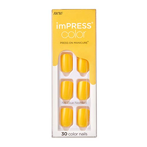 KISS imPRESS Color Press-On Manicure, Gel Nail Kit, PureFit Technology, Short Length, “YOLO”, Polish-Free Solid Color Mani, Includes Prep Pad, Mini File, Cuticle Stick, and 30 Fake Nails