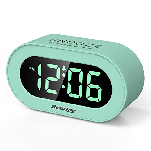 Reacher Kid's Alarm Clock for Bedroom, Mint Green LED Digit, 0-100% Dimmer, Outlet Powered, Adjustable Volume, Simple to Set and Use, Snooze, Small Size for Desk