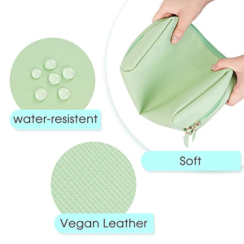 Large Vegan Leather Makeup Bag Zipper Pouch Travel Cosmetic Organizer for Women and Girls (Large, Green)