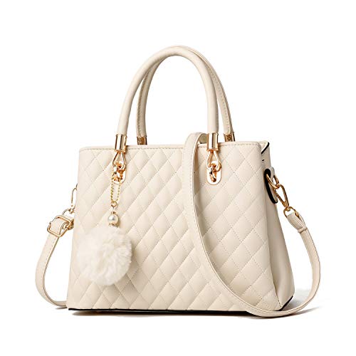 I IHAYNER Womens Leather Handbags Purses Top-handle Totes Satchel Shoulder Bag for Ladies with Pompon White