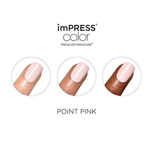 KISS imPRESS Color Press-On Manicure, Gel Nail Kit, PureFit Technology, Short Length, “Point Pink”, Polish-Free Solid Color Mani, Includes Prep Pad, Mini File, Cuticle Stick, and 30 Fake Nails