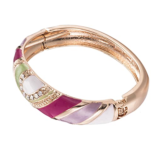 Hot Pink, Green & Gold Cloisonne Beautiful Enamel Hinged Cuff Bracelet