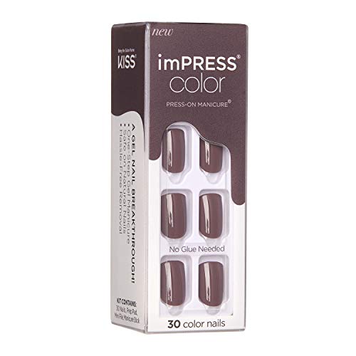 KISS imPRESS Color Press-On Manicure, Gel Nail Kit, PureFit Technology, Short Length, “Try Gray”, Polish-Free Solid Color Mani, Includes Prep Pad, Mini File, Cuticle Stick, and 30 Fake Nails