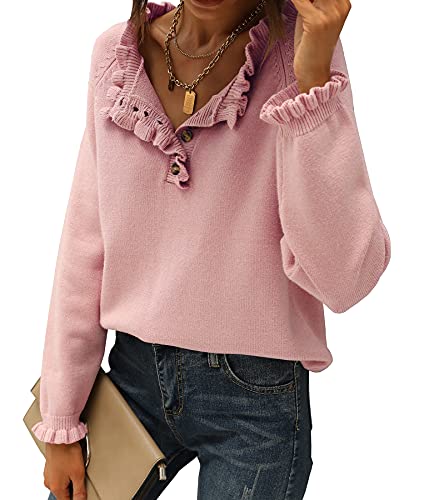 BTFBM Women's Sweaters Casual Long Sleeve Button Down Crew Neck Ruffle Knit Pullover Sweater Tops Solid Color Striped (Solid Mid Pink, Medium)