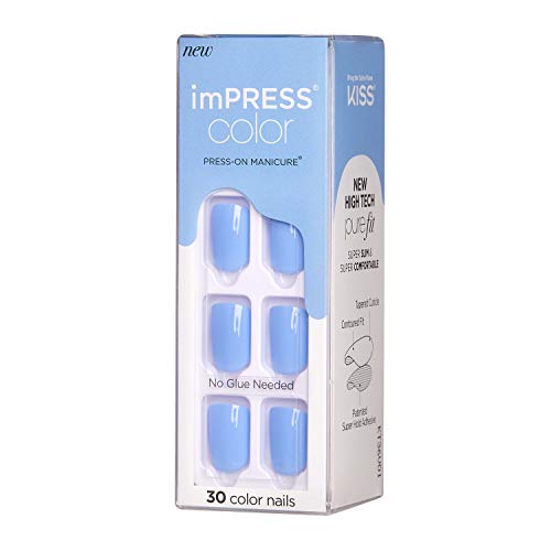 KISS imPRESS Color Press-On Manicure, Gel Nail Kit, PureFit Technology, Short Length, “Baby Why So Blue”, Polish-Free Solid Color Mani, Includes Prep Pad, Mini File, Cuticle Stick, and 30 Fake Nails