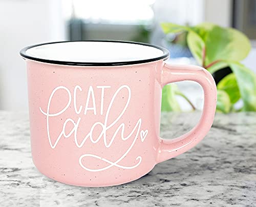 Oversized Light Pink & Black Stoneware Cat Lady Coffee Mug, 15oz