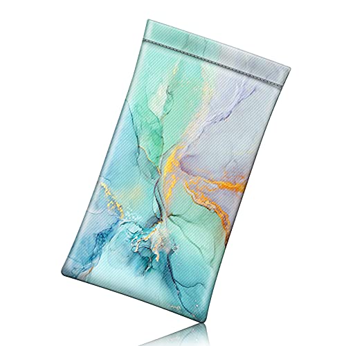 Fintie Eyeglasses Pouch with Cleaning Cloth, Portable Squeeze Top Vegan Leather Soft Glasses Case Anti-Scratch Sunglasses Bag, Emerald Marble