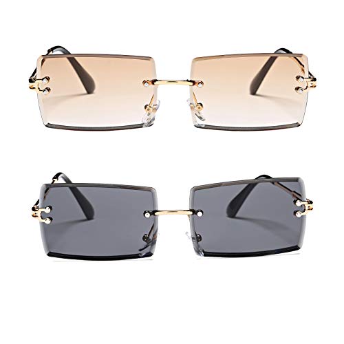 Rectangle Sunglasses for Men/Women Small Rimless Square Shade Eyewear (Tea + Purple)