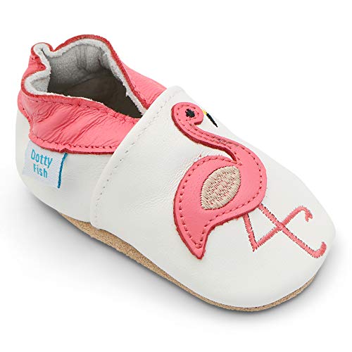 Dotty Fish Soft Leather Infant Shoes Girls pre-Walkers. White with Pink Flamingo. 0-6 Months