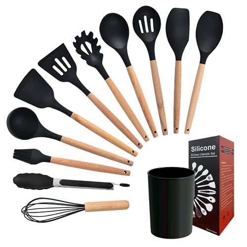 Kitchen Cooking Utensils Set 12 Pieces Silicone Wooden Handle High Heat Resistance Premium Silicone Kitchen Gadgets Spatula Set with Holder BPA Free (BLACK)