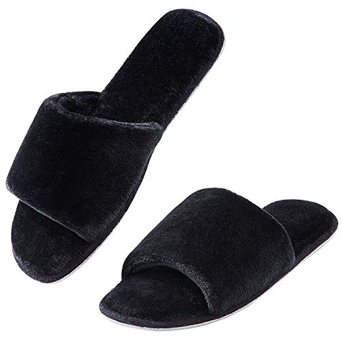 DL Open Toe Slippers for women Indoor, Cozy Memory Foam Womens House Slippers Summer Slip On, Comfy Soft Flannel Womens Bedroom Slippers Slide Breathable Size 7-8 Black