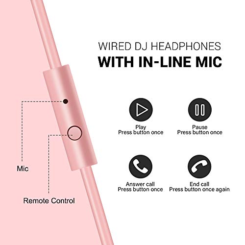 Silver Pink Over Ear Headphones, Wired Bass Stereo Sound Headsets with Mic